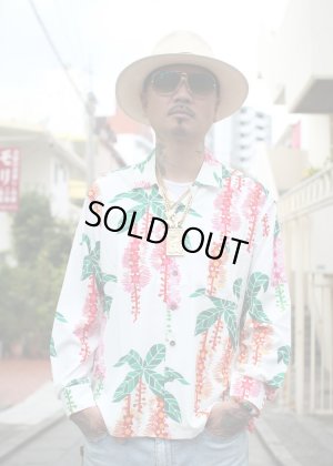 画像1: 【Ryukyu Pride Wear】Open Collar Long Sleeve Shirt -サガリバナ- (White)