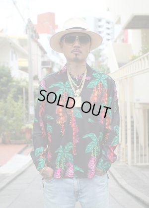 画像1: 【Ryukyu Pride Wear】Open Collar Long Sleeve Shirt -サガリバナ- (Black)