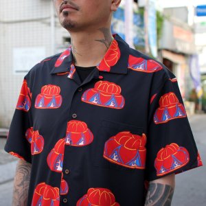 画像1: 【Ryukyu Pride Wear】Open Collar Shirt -花笠- (Black)