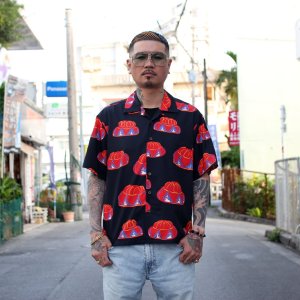 画像2: 【Ryukyu Pride Wear】Open Collar Shirt -花笠- (Black)