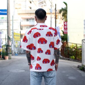 画像3: 【Ryukyu Pride Wear】Open Collar Shirt -花笠- (White/Red)