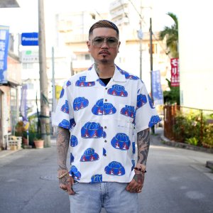 画像2: 【Ryukyu Pride Wear】Open Collar Shirt -花笠- (White/Blue)