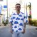 画像2: 【Ryukyu Pride Wear】Open Collar Shirt -花笠- (White/Blue) (2)