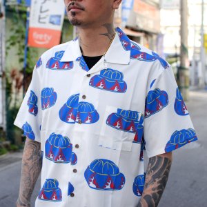 画像1: 【Ryukyu Pride Wear】Open Collar Shirt -花笠- (White/Blue)