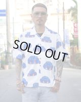 【Ryukyu Pride Wear】Open Collar Shirt -花笠- (White/Blue)