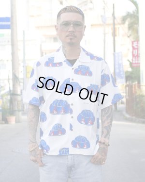 画像1: 【Ryukyu Pride Wear】Open Collar Shirt -花笠- (White/Blue)