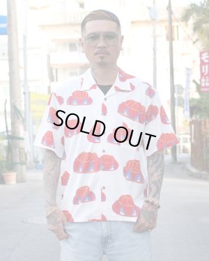 画像1: 【Ryukyu Pride Wear】Open Collar Shirt -花笠- (White/Red)