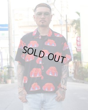 画像1: 【Ryukyu Pride Wear】Open Collar Shirt -花笠- (Black)