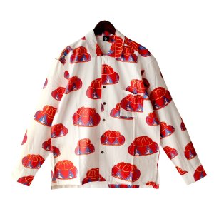 画像1: 【Ryukyu Pride Wear】Open Collar Long Sleeve Shirt -花笠- (White)