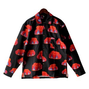 画像1: 【Ryukyu Pride Wear】Open Collar Long Sleeve Shirt -花笠- (Black)