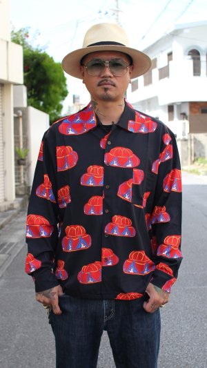 画像3: 【Ryukyu Pride Wear】Open Collar Long Sleeve Shirt -花笠- (Black)