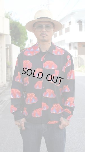 画像3: 【Ryukyu Pride Wear】Open Collar Long Sleeve Shirt -花笠- (Black)
