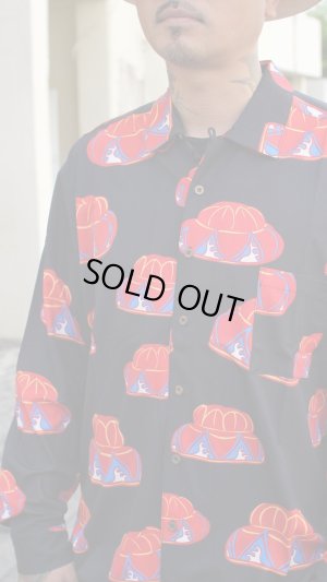 画像4: 【Ryukyu Pride Wear】Open Collar Long Sleeve Shirt -花笠- (Black)