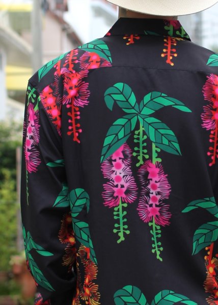 画像4: 【Ryukyu Pride Wear】Open Collar Long Sleeve Shirt -サガリバナ- (Black) ※訳アリ (4)