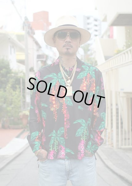 画像1: 受注発送【Ryukyu Pride Wear】Open Collar Long Sleeve Shirt -サガリバナ- (Black) (1)