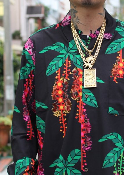 画像3: 【Ryukyu Pride Wear】Open Collar Long Sleeve Shirt -サガリバナ- (Black) ※訳アリ (3)