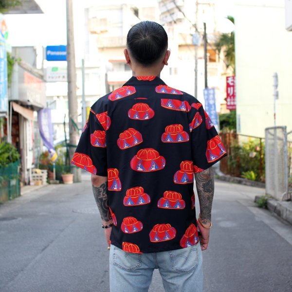 画像2: 【Ryukyu Pride Wear】Open Collar Shirt -花笠- (Black) (2)
