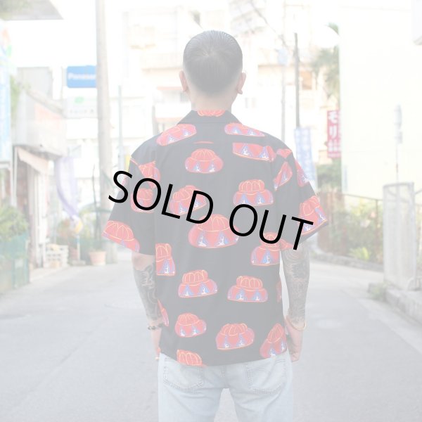 画像2: 【Ryukyu Pride Wear】Open Collar Shirt -花笠- (Black) (2)