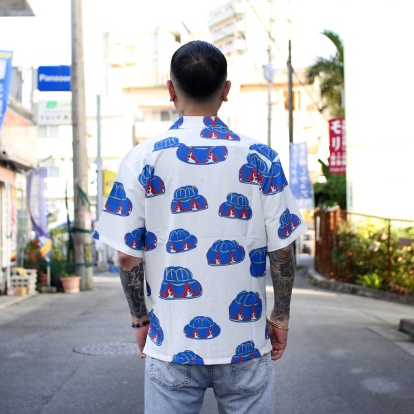 画像2: 【Ryukyu Pride Wear】Open Collar Shirt -花笠- (White/Blue) (2)