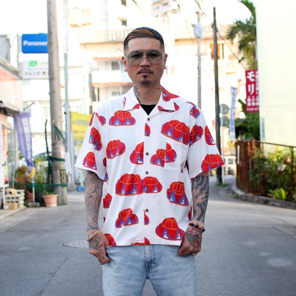 画像4: 【Ryukyu Pride Wear】Open Collar Shirt -花笠- (White/Red) (4)