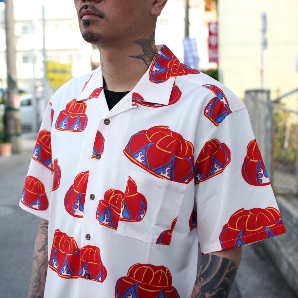 画像3: 【Ryukyu Pride Wear】Open Collar Shirt -花笠- (White/Red) (3)