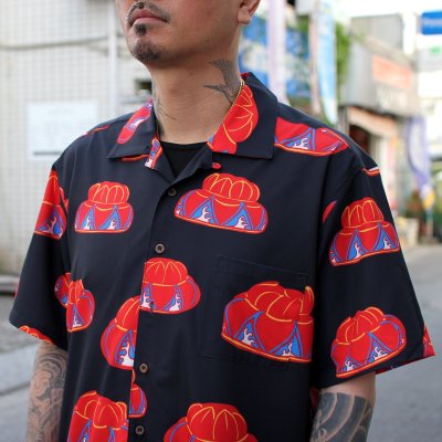 画像1: 【Ryukyu Pride Wear】Open Collar Shirt -花笠- (Black)