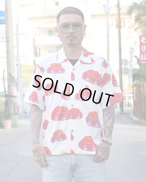 画像1: 【Ryukyu Pride Wear】Open Collar Shirt -花笠- (White/Red) (1)