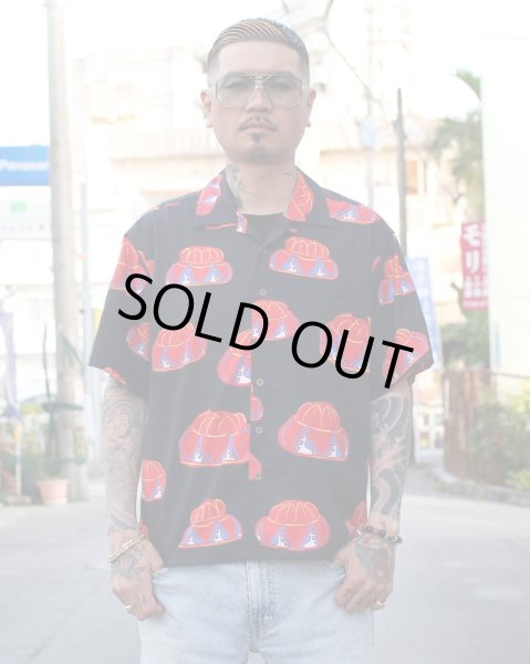 画像1: 【Ryukyu Pride Wear】Open Collar Shirt -花笠- (Black) (1)