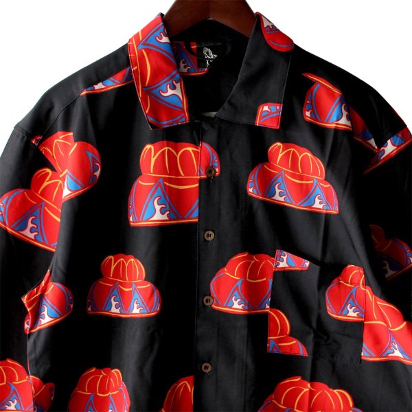 画像2: 【Ryukyu Pride Wear】Open Collar Long Sleeve Shirt -花笠- (Black) (2)