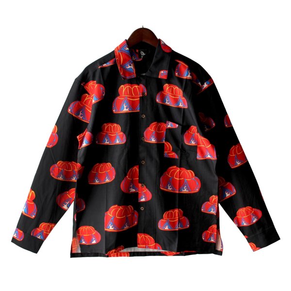 画像1: 【Ryukyu Pride Wear】Open Collar Long Sleeve Shirt -花笠- (Black) (1)