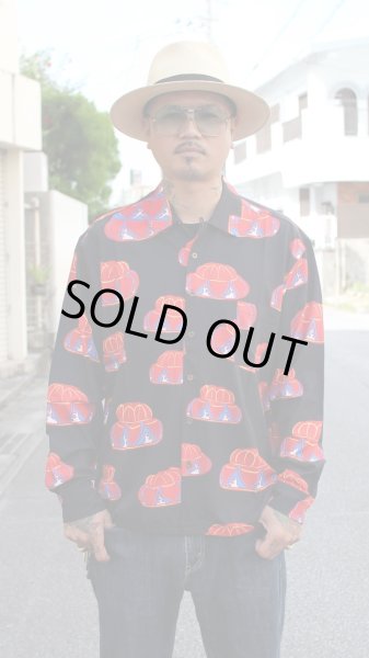 画像3: 【Ryukyu Pride Wear】Open Collar Long Sleeve Shirt -花笠- (Black) (3)