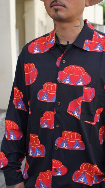 画像4: 【Ryukyu Pride Wear】Open Collar Long Sleeve Shirt -花笠- (Black) (4)