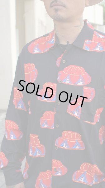 画像4: 【Ryukyu Pride Wear】Open Collar Long Sleeve Shirt -花笠- (Black) (4)